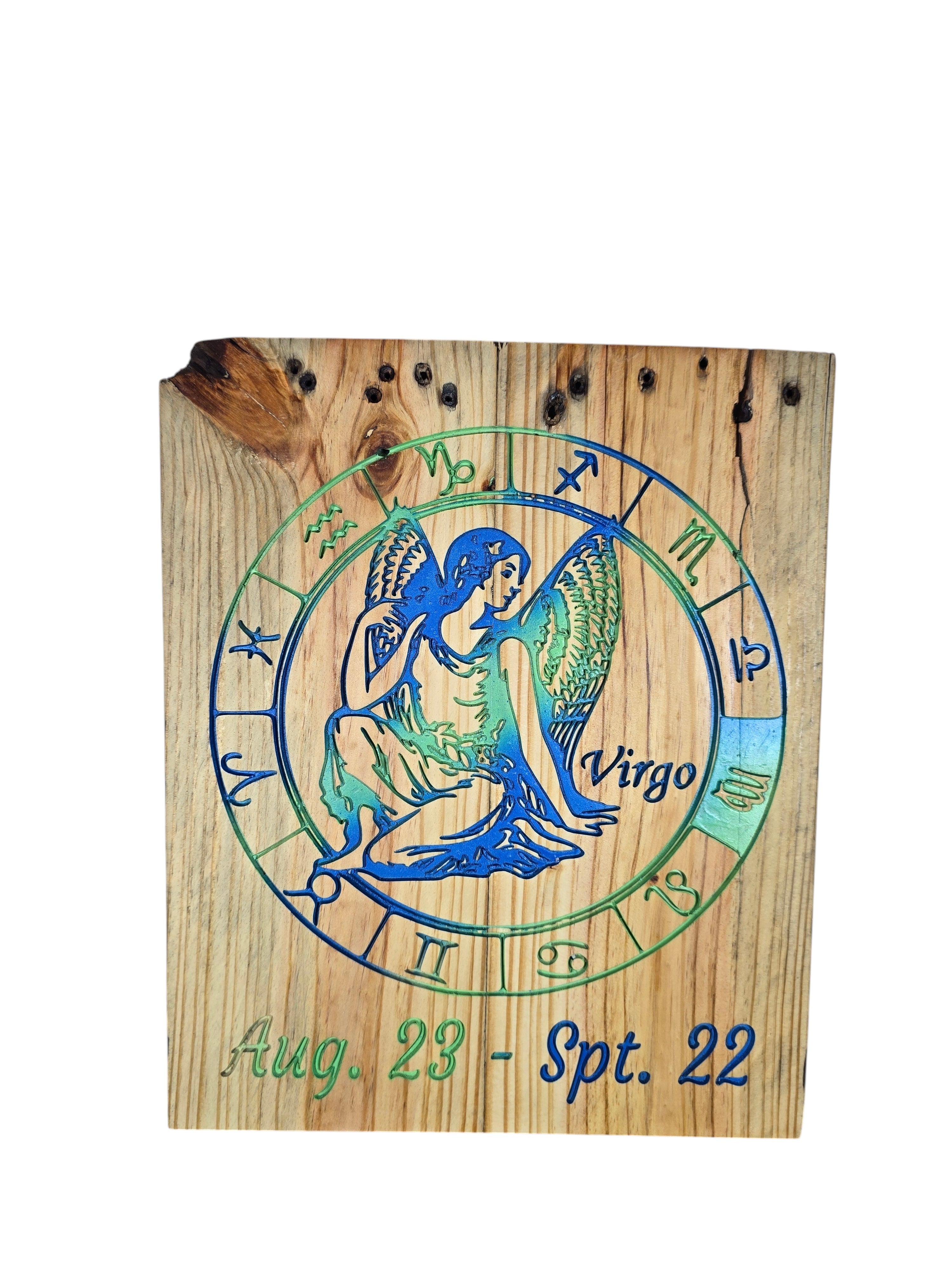 TK Wood Designs handcrafted Virgo zodiac wooden wall plaque with blue and green maiden carving and astrology wheel.
