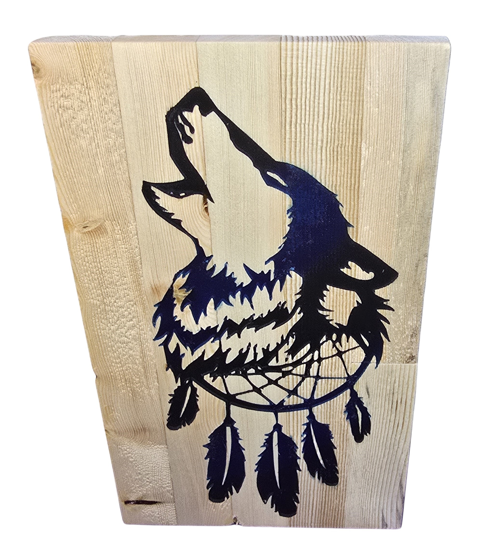 TK Wood Designs howling wolf dreamcatcher wood wall art with natural wood planks and dark blue silhouette.