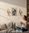 TK Wood Designs howling wolf dreamcatcher wood wall art with natural wood planks and dark blue wolf silhouette.