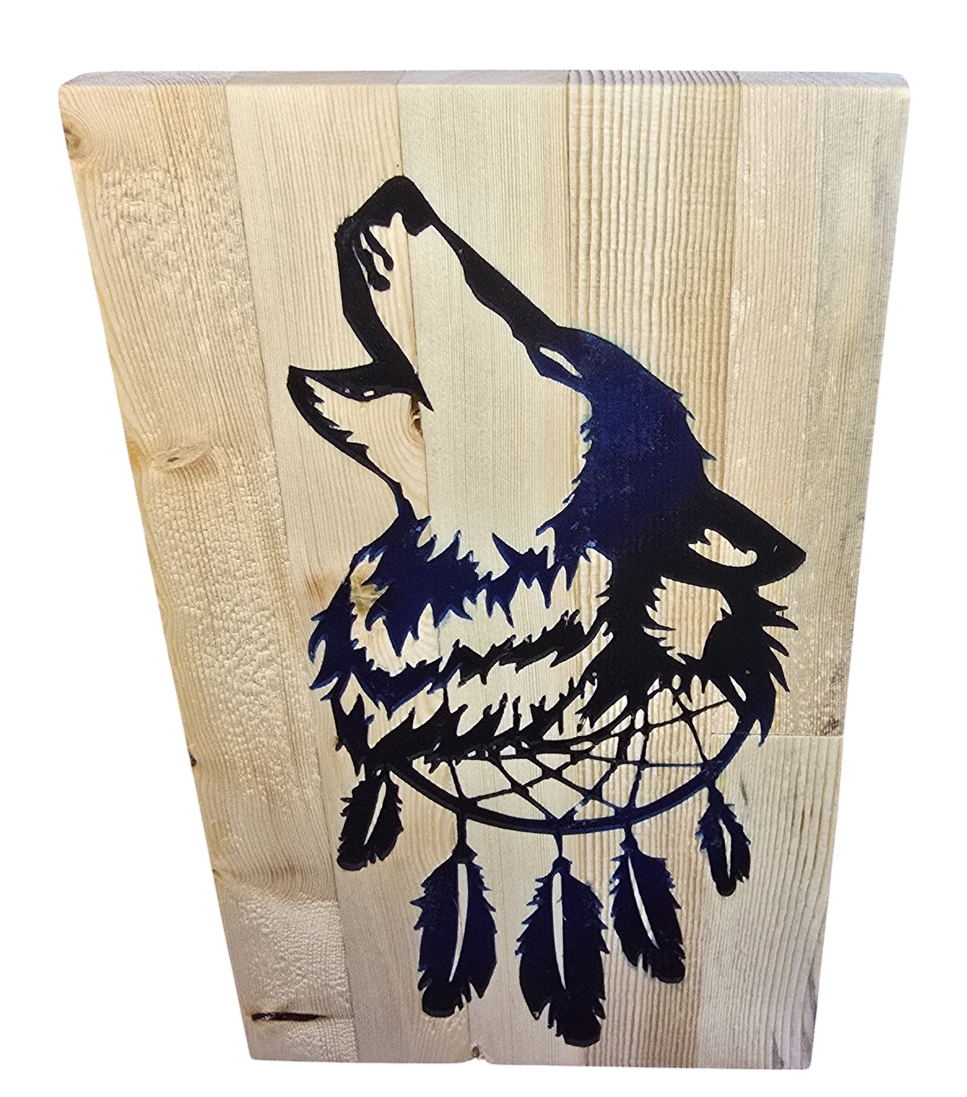 TK Wood Designs howling wolf dreamcatcher wood wall art with natural wood planks and dark blue silhouette.