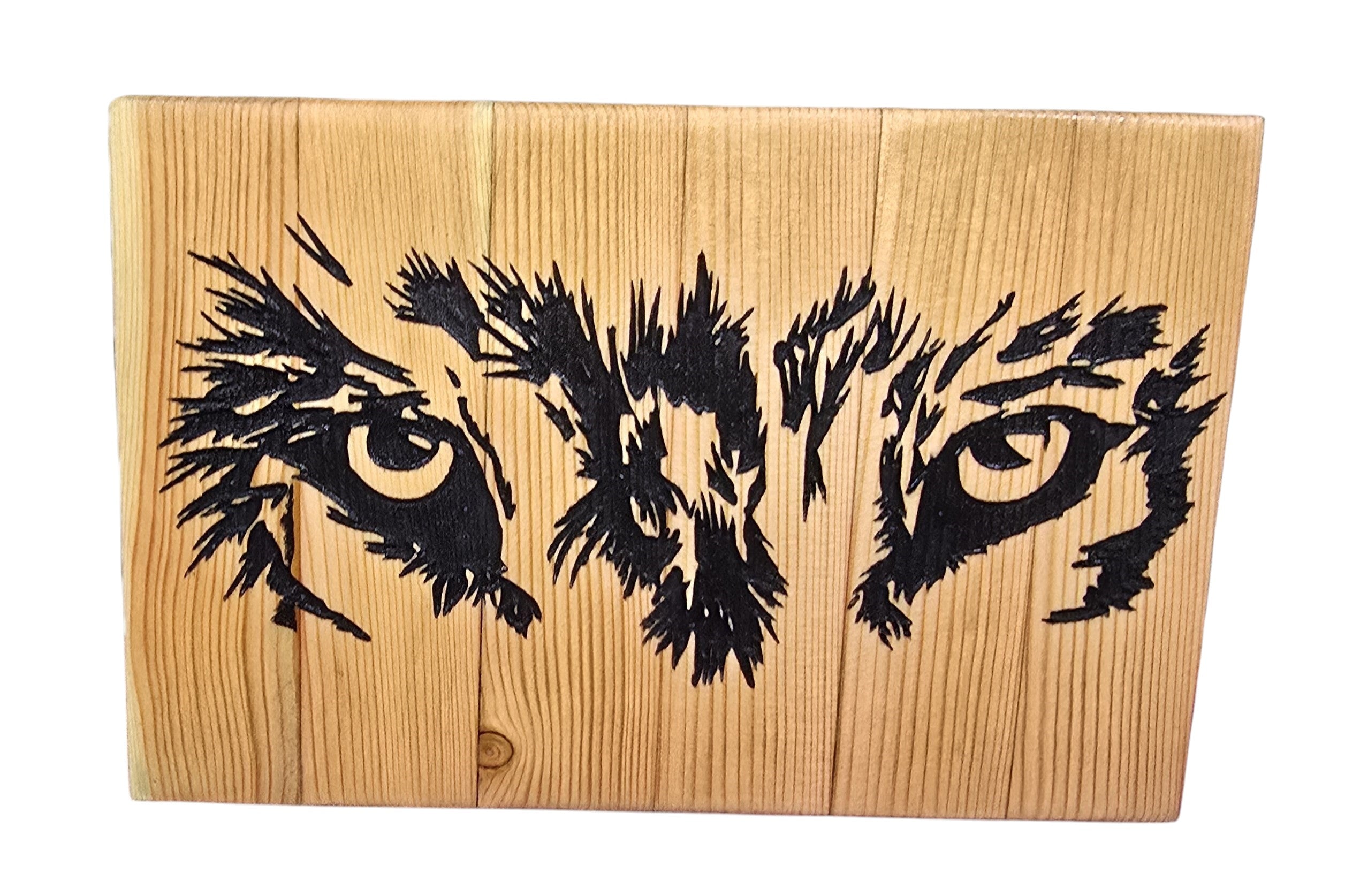 TK Wood Designs Wolf Eyes art piece, handcrafted from natural reclaimed wood with a black pyrography design of a wolf's intense gaze.