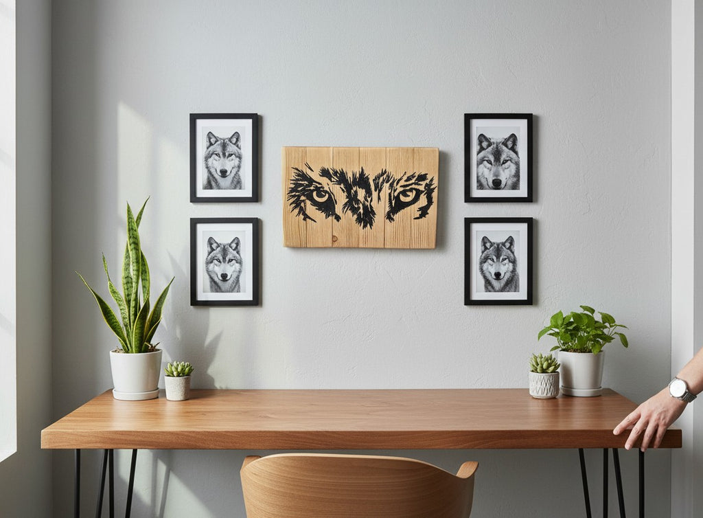 TK Wood Designs Wolf Eyes art piece, handcrafted from reclaimed wood with a black painted wolf eye design. Features natural wood grain.