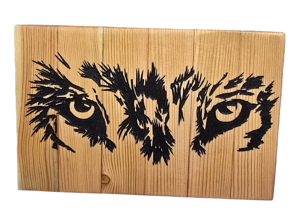 TK Wood Designs Wolf Eyes art piece, handcrafted from reclaimed wood with a weathered finish and black painted wolf eyes.