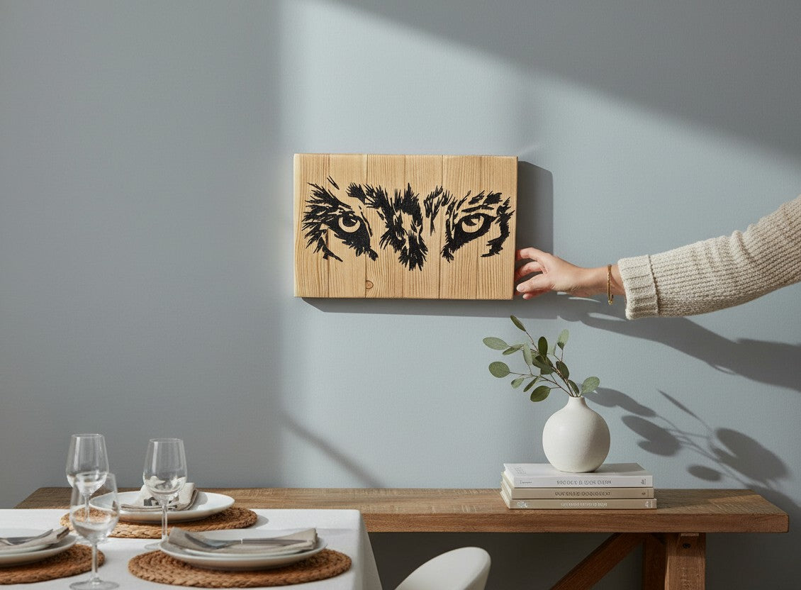 TK Wood Designs Wolf Eyes art piece, handcrafted from reclaimed wood with a weathered finish and black painted wolf eyes.