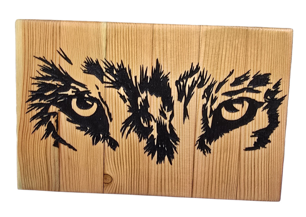 TK Wood Designs Wolf Eyes art, handcrafted from reclaimed wood with a weathered finish and black painted wolf eyes.
