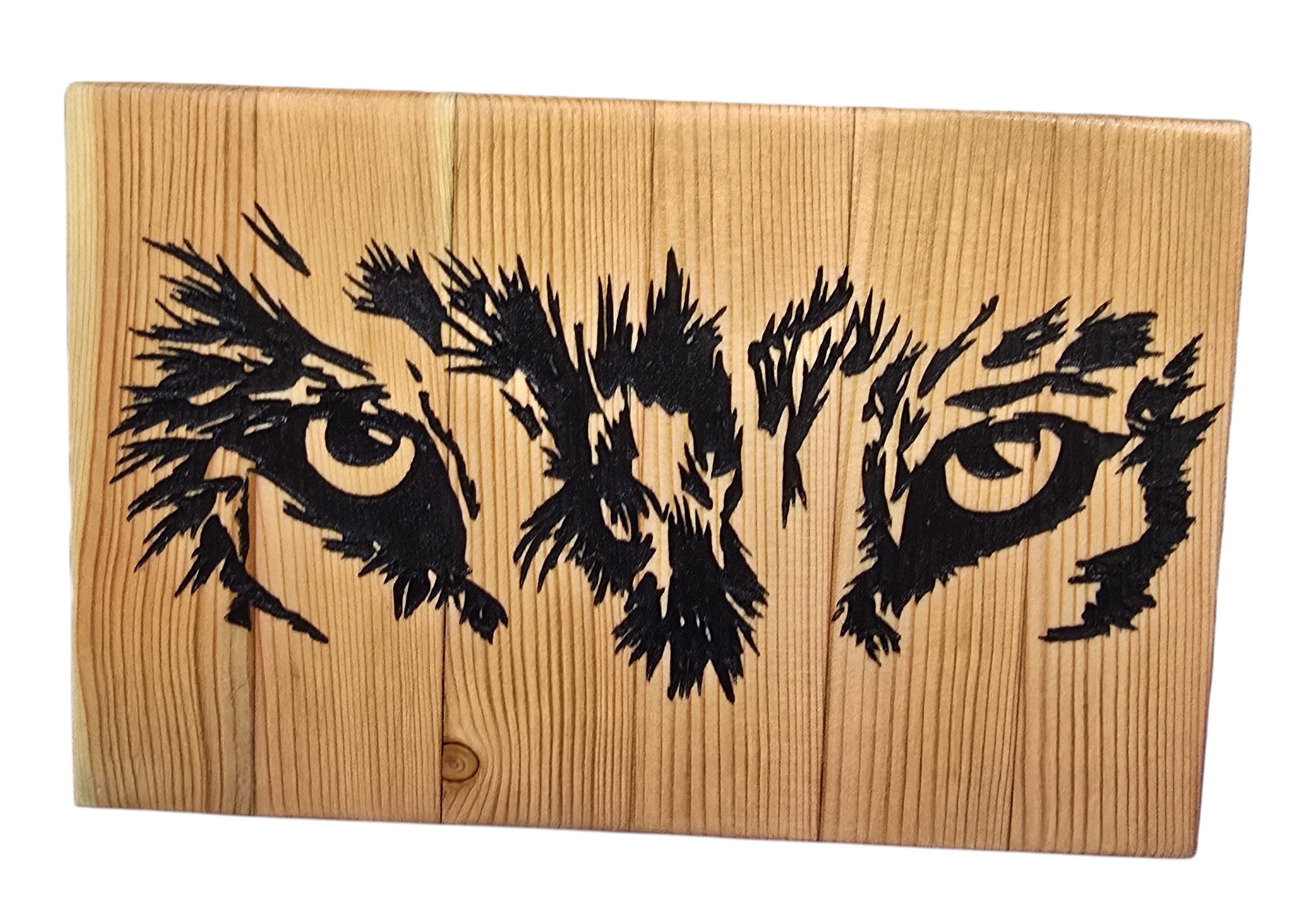 TK Wood Designs Wolf Eyes art, handcrafted from reclaimed wood with a weathered finish and black painted wolf eyes.
