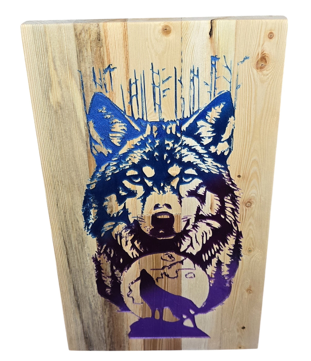 TK Wood Designs rustic wood wall art featuring a blue and purple wolf head with a howling wolf silhouette against a moon and trees.