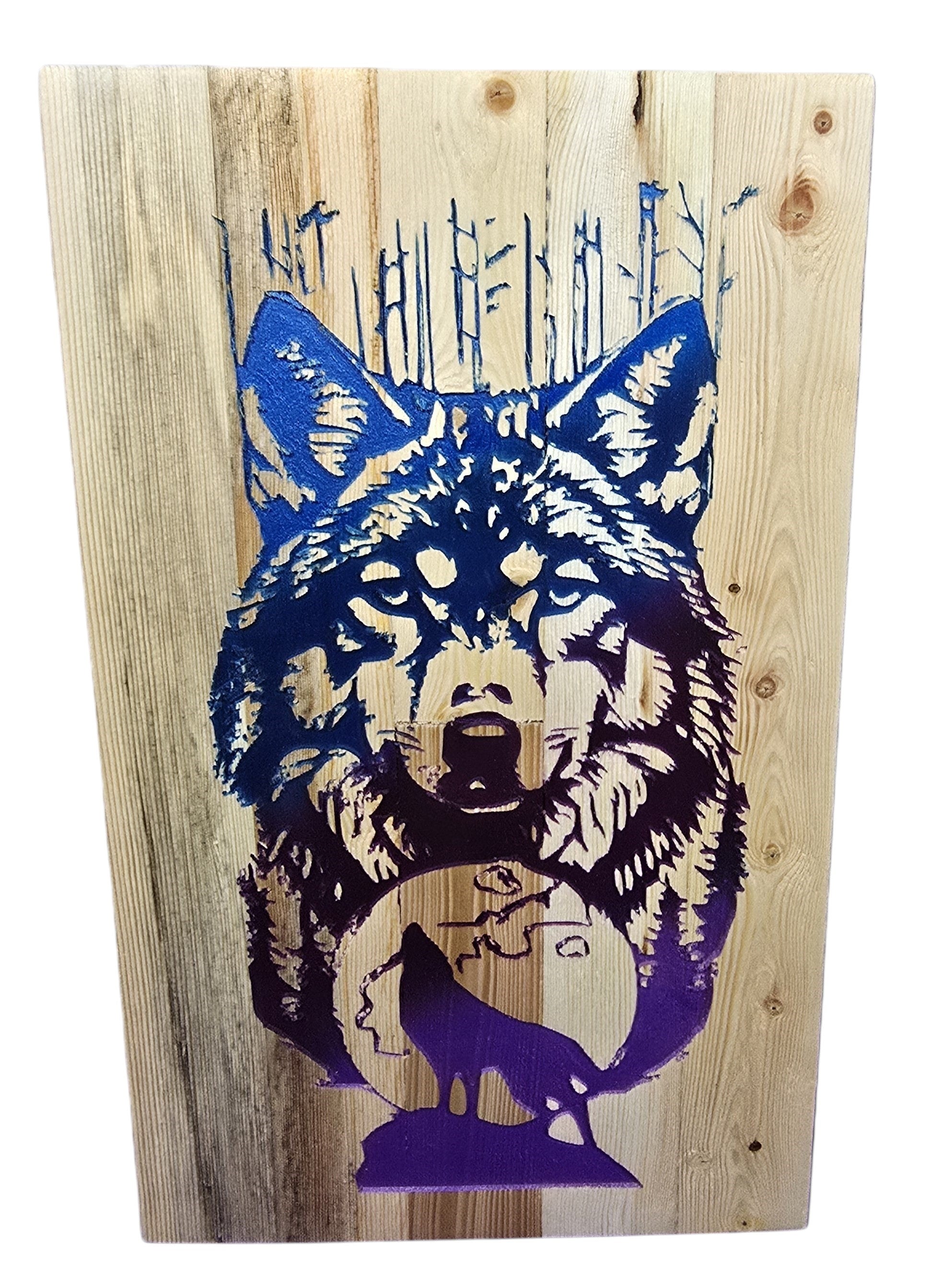 TK Wood Designs rustic wood wall art featuring a blue and purple wolf head with a howling wolf silhouette against a moon and forest background.