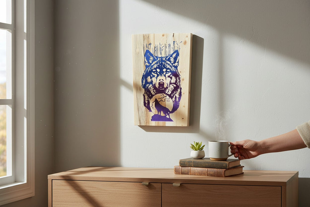 TK Wood Designs reclaimed wood sign featuring an airbrushed wolf and moon design with a howling wolf silhouette. Natural wood.