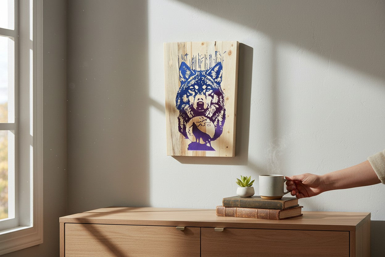 TK Wood Designs reclaimed wood sign featuring an airbrushed wolf and moon design with a howling wolf silhouette. Natural wood.