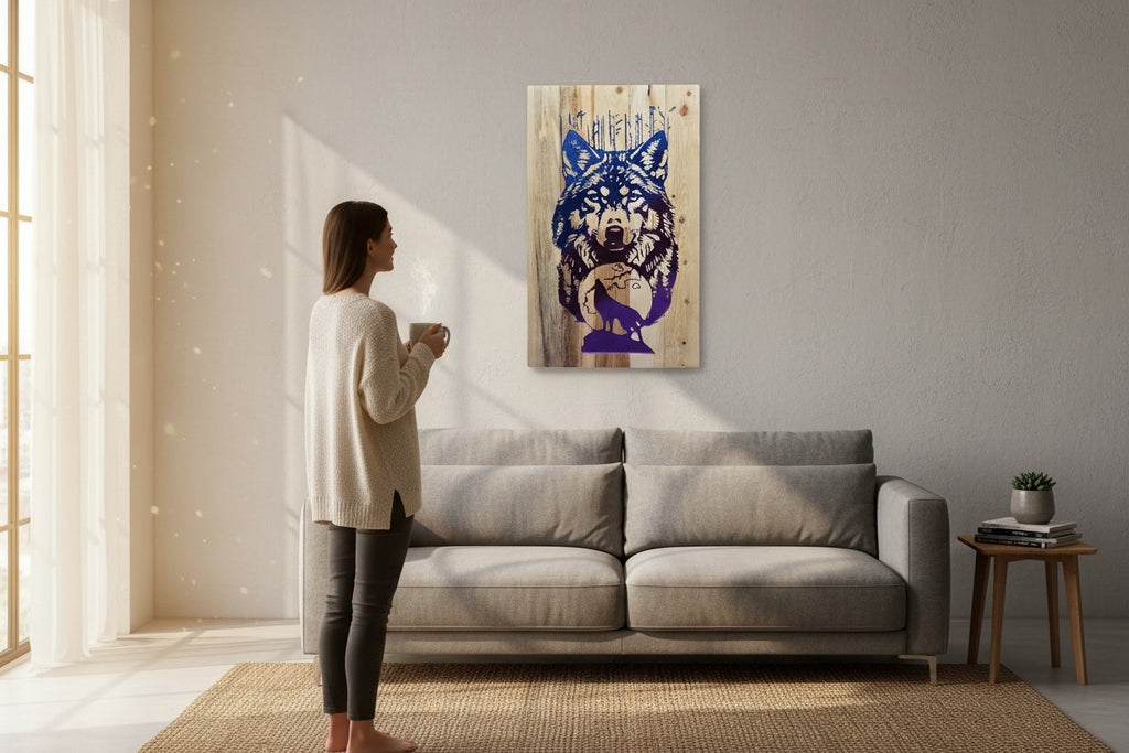 TK Wood Designs airbrushed wolf and moon on reclaimed wood sign. Features blue and purple gradient.
