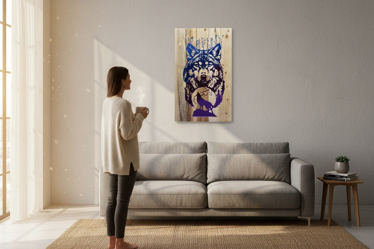 TK Wood Designs airbrushed wolf and moon on reclaimed wood sign. Features blue and purple gradient.