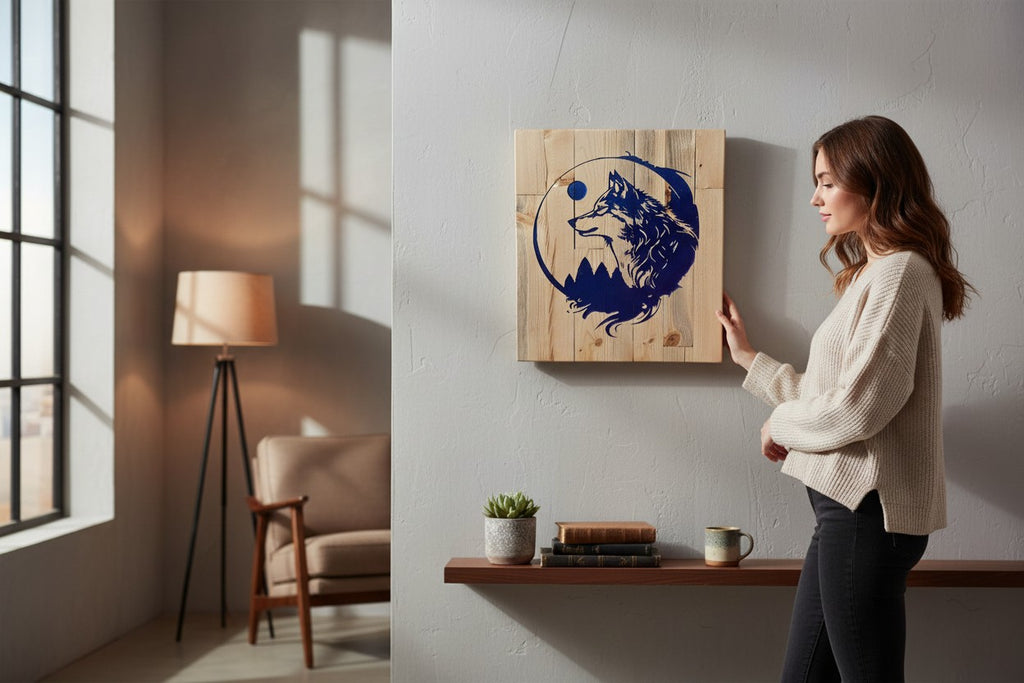TK Wood Designs wooden wall art featuring a wolf silhouette against a mountain range and moon.