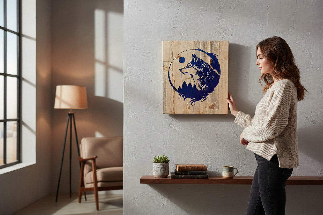 TK Wood Designs wooden wall art featuring a wolf silhouette against a mountain range and moon.