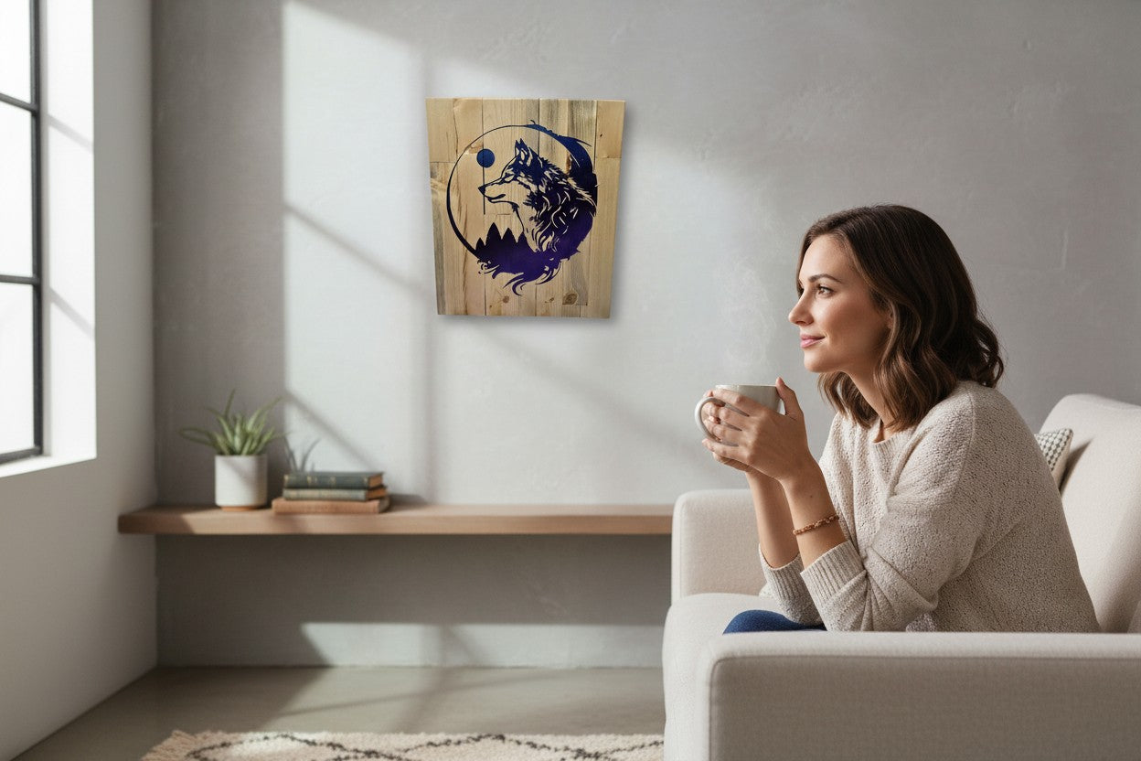 TK Wood Designs wooden wall art featuring a wolf silhouette against a mountain range and moon, with purple and blue gradient.