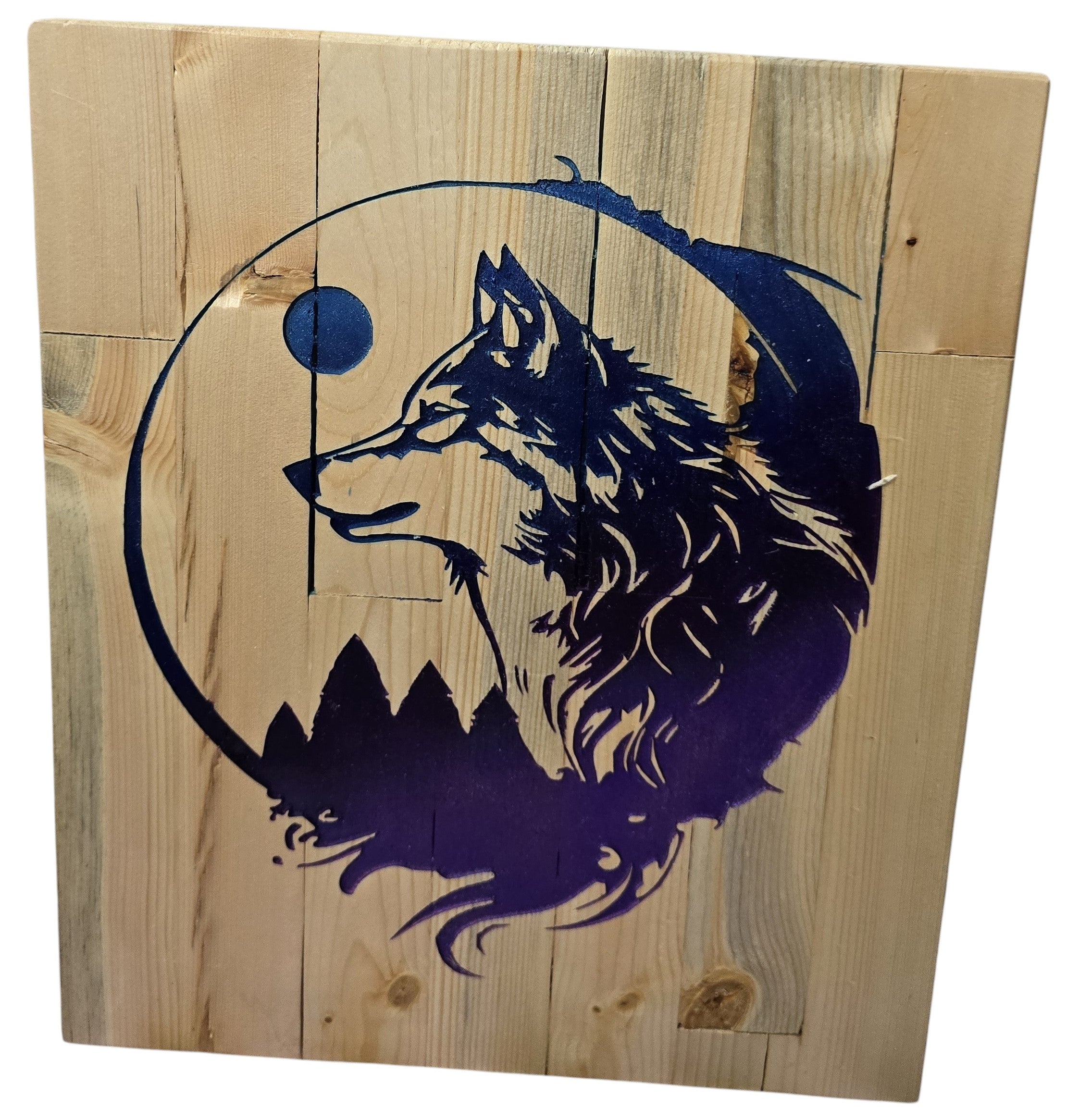 TK Wood Designs wooden wall art featuring a dark blue wolf silhouette against a mountain and moon landscape.
