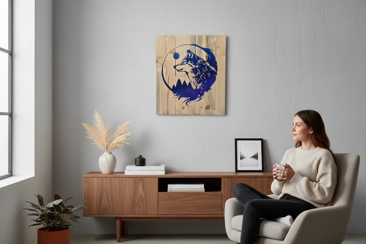TK Wood Designs wooden wall art featuring a wolf silhouette against a mountain range and moon, with purple and blue gradient.