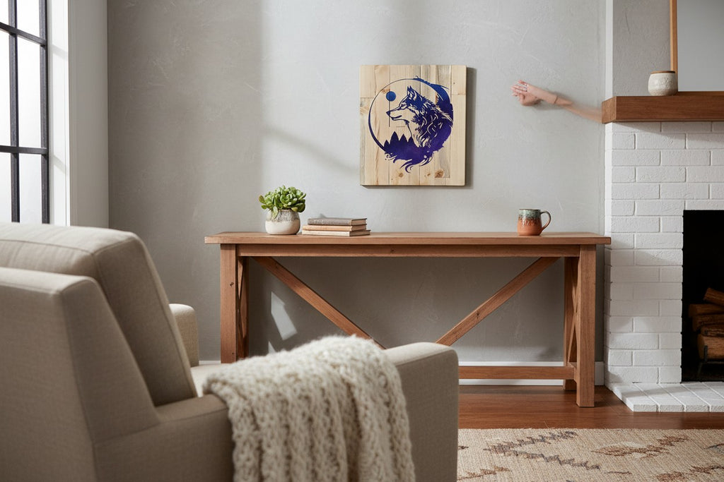 TK Wood Designs wooden wall art featuring a wolf silhouette against a mountain range and moon.