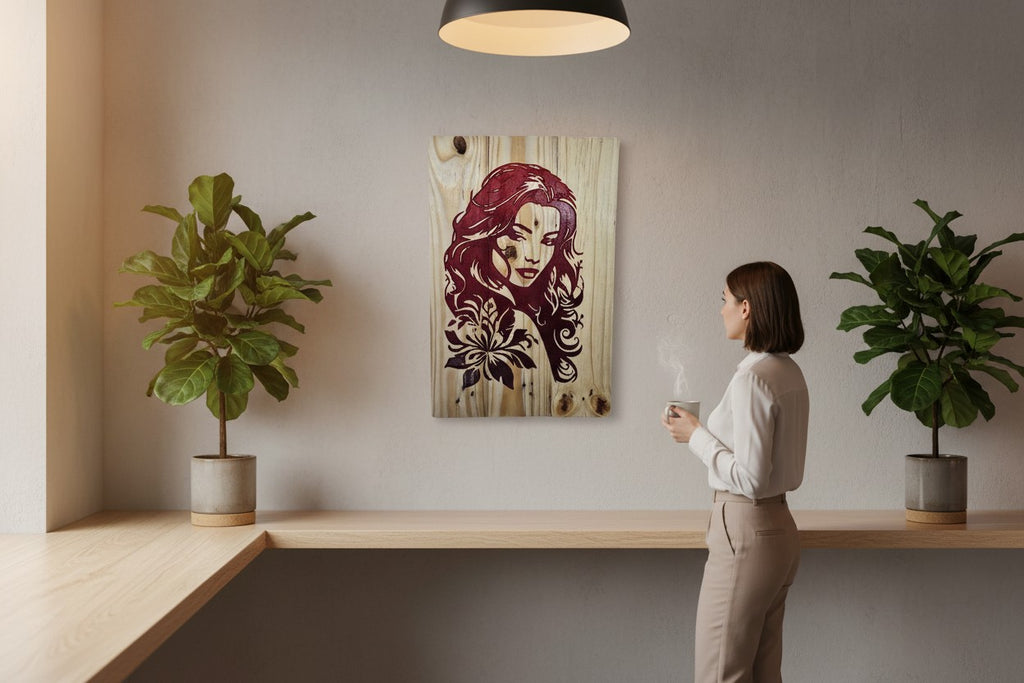 TK Wood Designs rustic wood sign featuring a carved dark red silhouette of a woman with flowing hair and a flower.