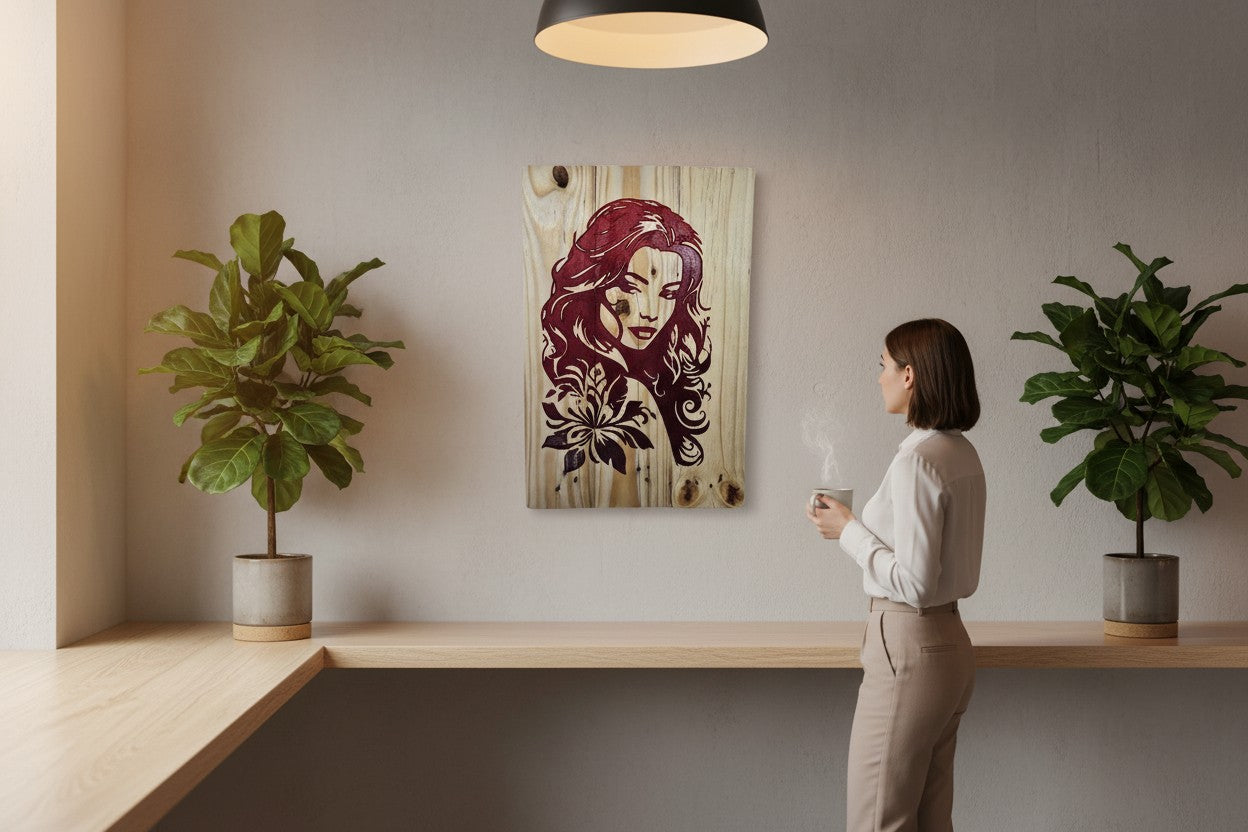 TK Wood Designs rustic wood sign featuring a carved dark red silhouette of a woman with flowing hair and a flower.