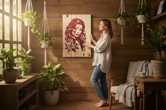 TK Wood Designs rustic wood sign featuring a maroon silhouette of a woman with flowing hair and flowers.