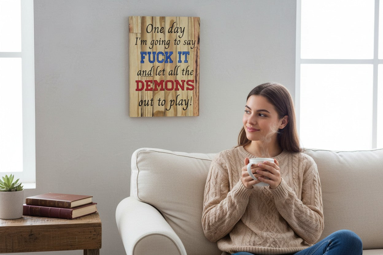 TK Wood Designs rustic wood sign with bold text: "One day I'm going to say FUCK IT and let all the demons out to play!"