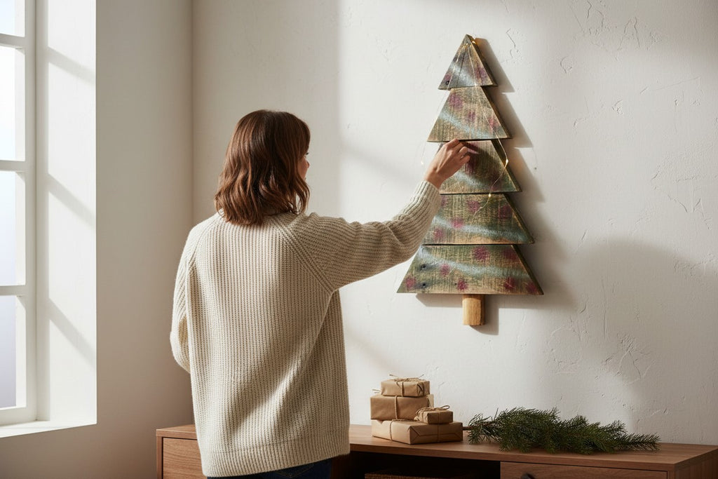 TK Wood Designs rustic wooden Christmas tree wall decor, 19" H, with fairy lights and gifts below.