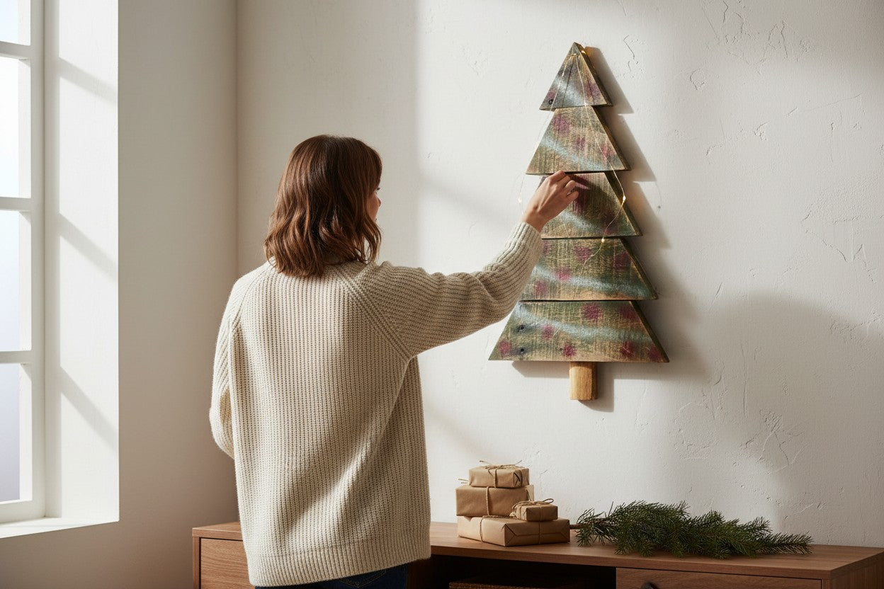TK Wood Designs rustic wooden Christmas tree wall decor, 19" H, with fairy lights and gifts below.