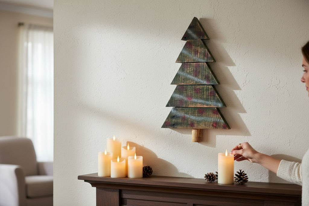 TK Wood Designs rustic wooden Christmas tree wall decor, 19" H x 11" W, with distressed green and red paint.