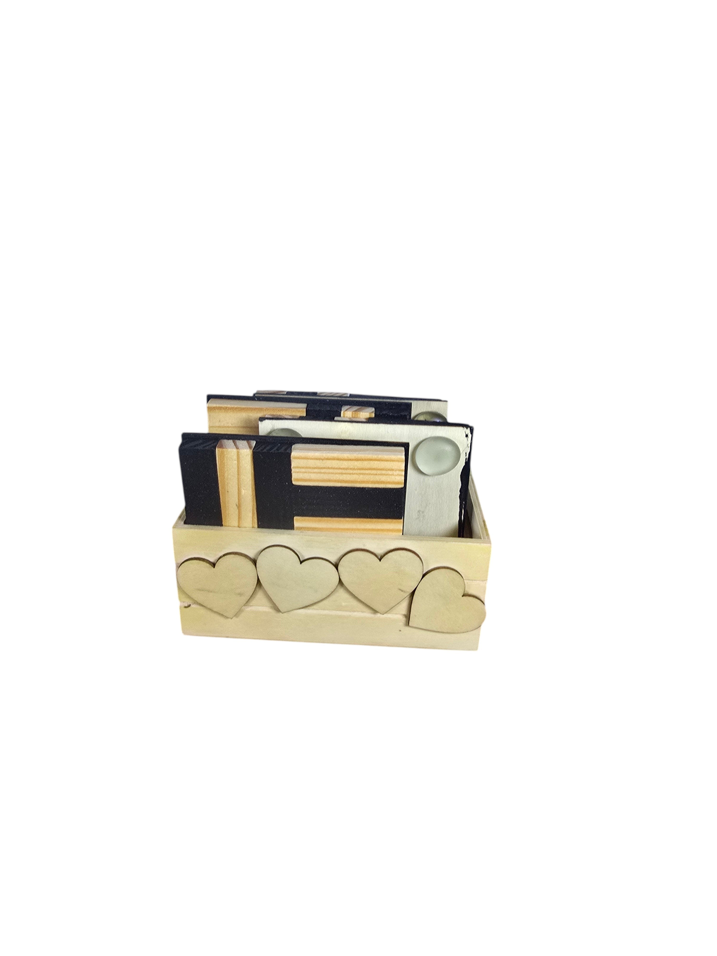 TK Wood Designs handcrafted wooden coaster set with black geometric patterns in a heart-cutout storage box.