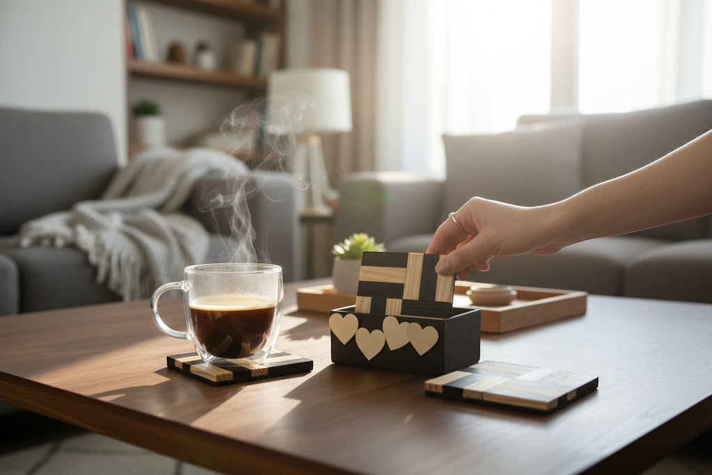 TK Wood Designs handcrafted wooden coasters with geometric patterns and a heart-cutout storage box on a coffee table.