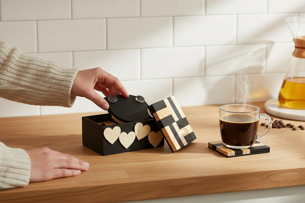 TK Wood Designs handcrafted wooden coaster set with geometric patterns and a heart-cutout storage box on a kitchen counter.