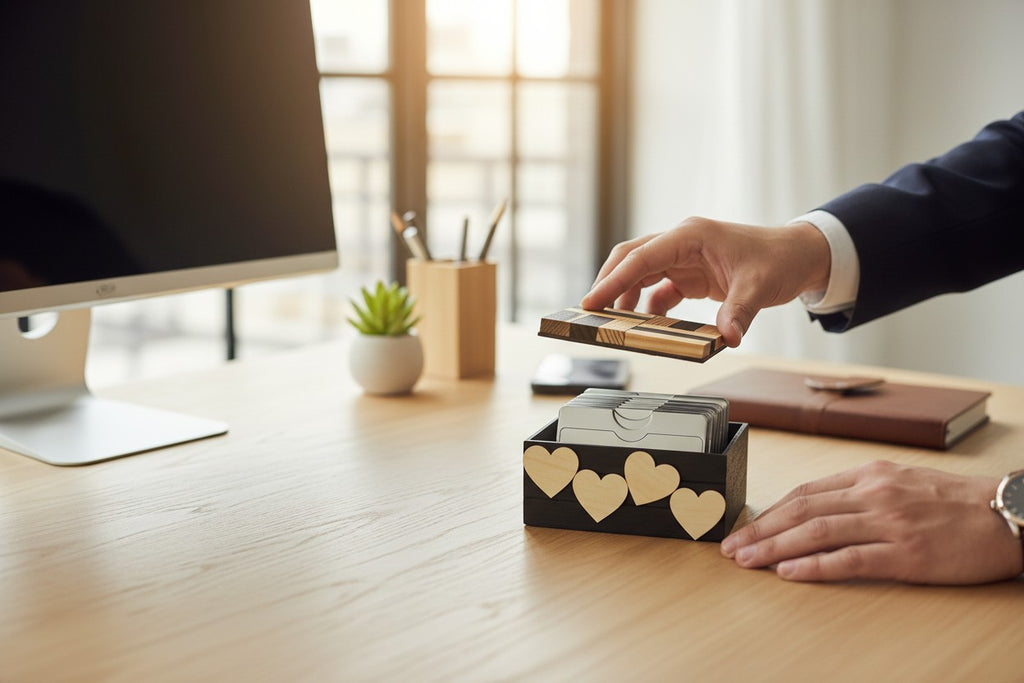 TK Wood Designs handcrafted wooden coaster set with geometric patterns and a heart-cutout storage box on an office desk.
