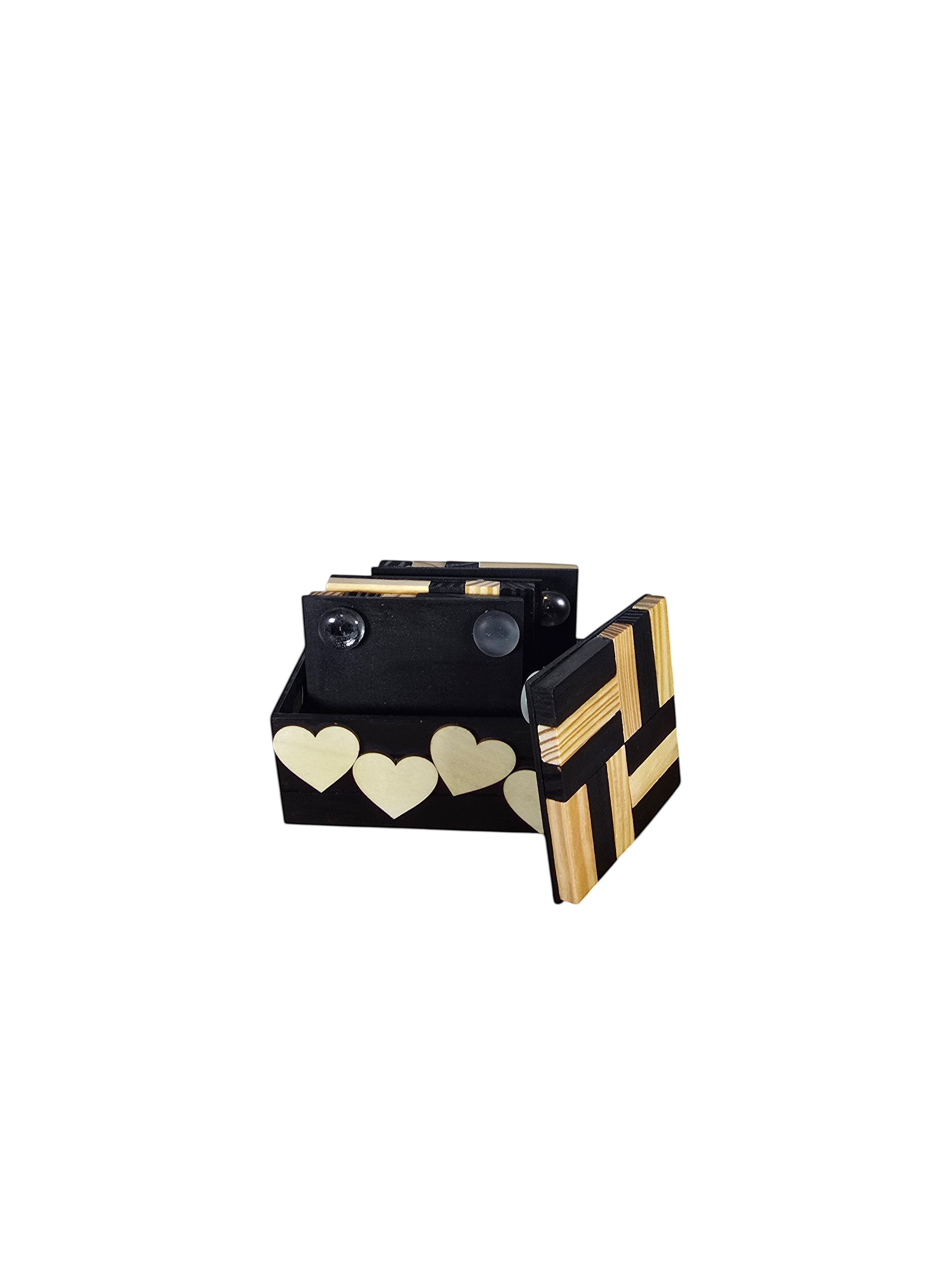 TK Wood Designs handcrafted wooden coaster set with geometric patterns and a black storage box featuring heart cutouts.