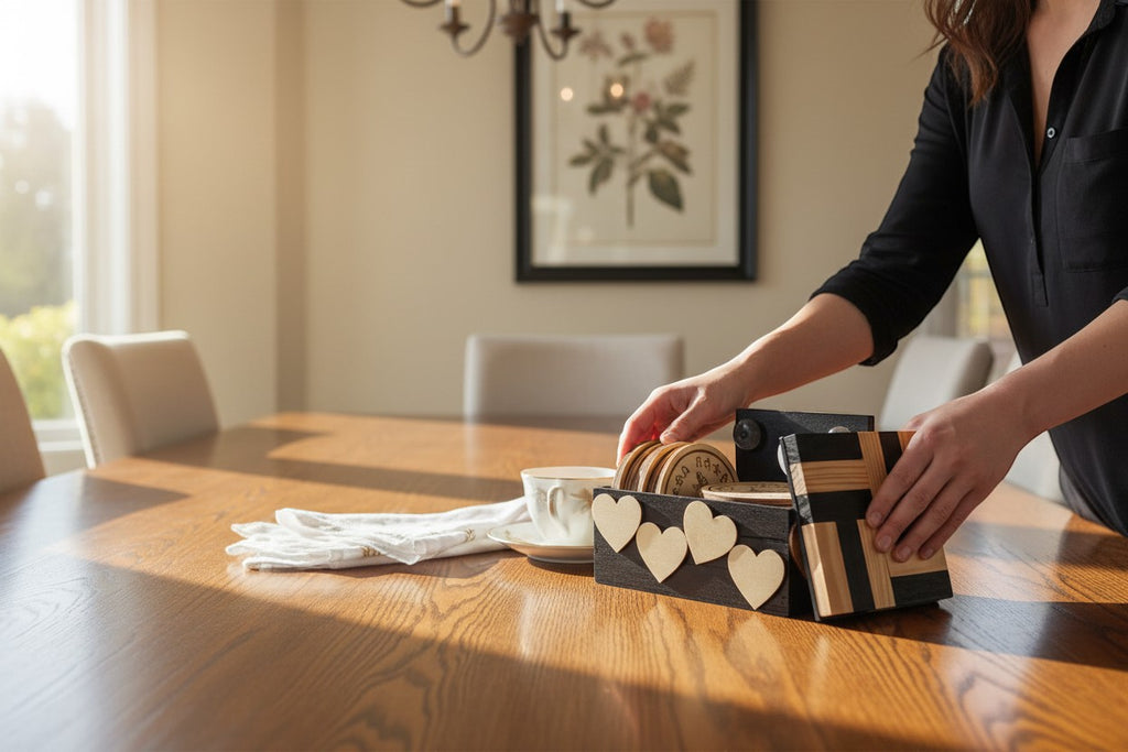 TK Wood Designs handcrafted wooden coaster set with heart-cutout storage box on a dining table