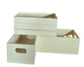 TK Wood Designs natural wood storage crates with cut-out handles. Set of 3 in varying sizes for versatile organization.