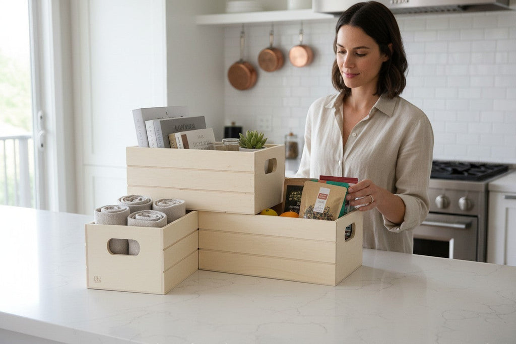 TK Wood Designs natural wood storage crates in various sizes, stacked and side-by-side, holding books, rolled towels, and packaged goods.