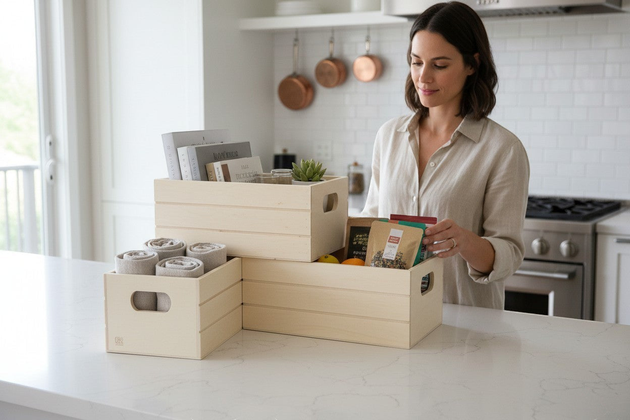 TK Wood Designs natural wood storage crates in various sizes, stacked and side-by-side, holding books, rolled towels, and packaged goods.
