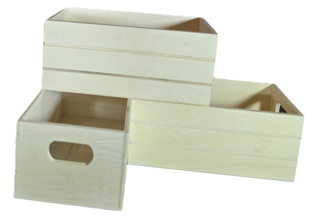 TK Wood Designs natural wood storage crates with cut-out handles. Set of 3 versatile organizers.