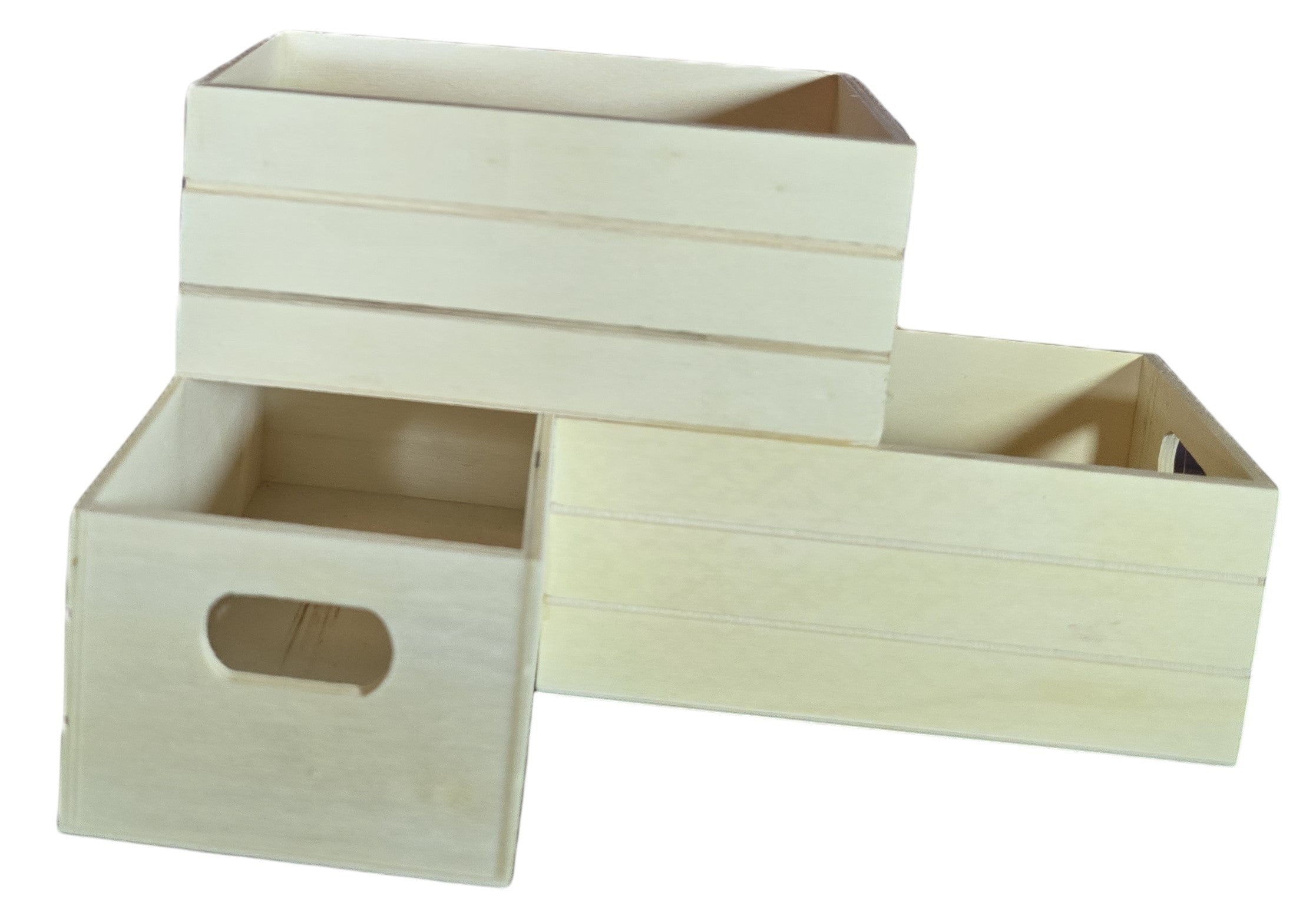 TK Wood Designs natural wood storage crates with cut-out handles. Set of 3 versatile organizers.