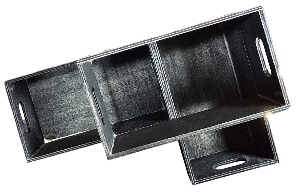 TK Wood Designs rustic black wooden crate storage organizer set with cut-out handles. Multiple sizes shown.