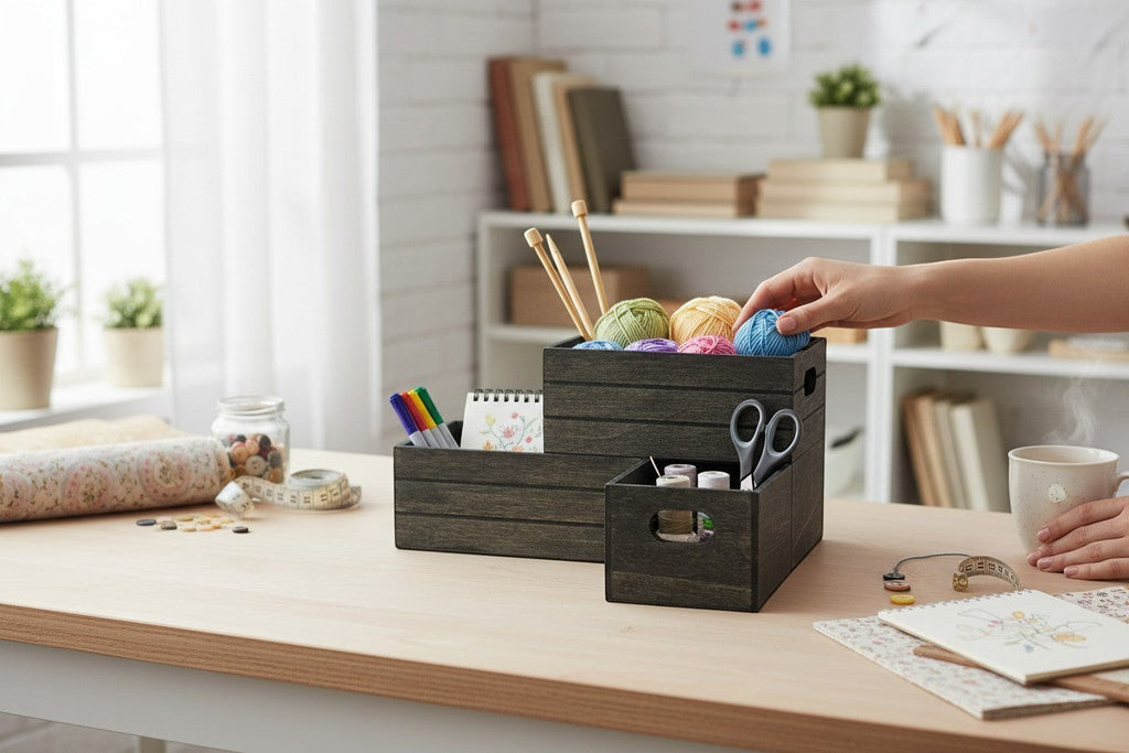 TK Wood Designs dark wood storage crates with cut-out handles, organizing yarn, knitting needles, scissors, and markers.