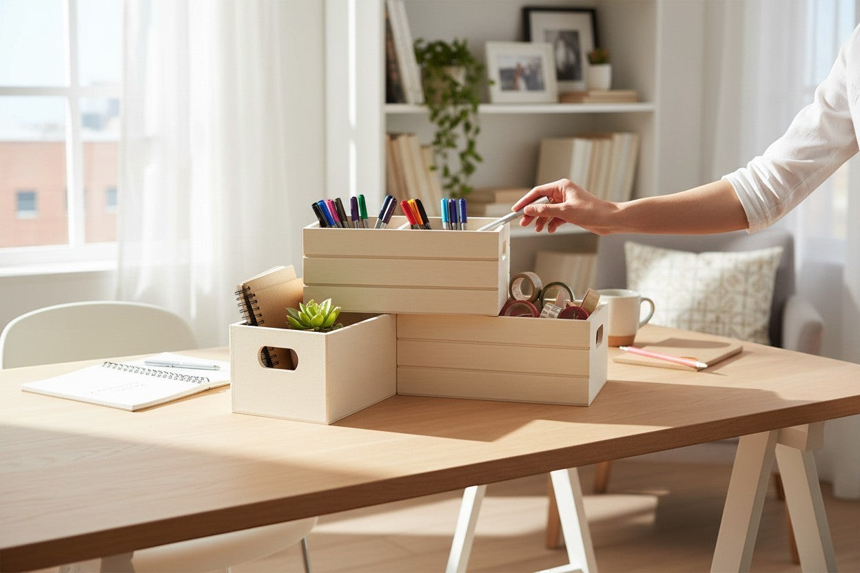 TK Wood Designs natural wood crate storage organizer set with cut-out handles, holding pens, notebooks, and craft supplies.
