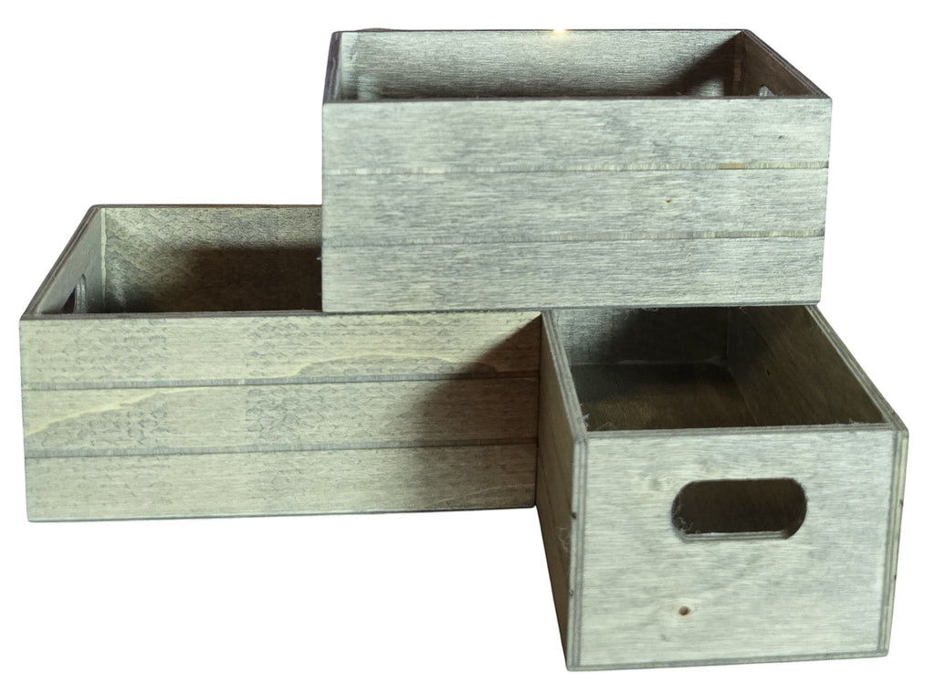 TK Wood Designs set of 3 grey wooden storage crates with cut-out handles, varying sizes, stacked for organization.
