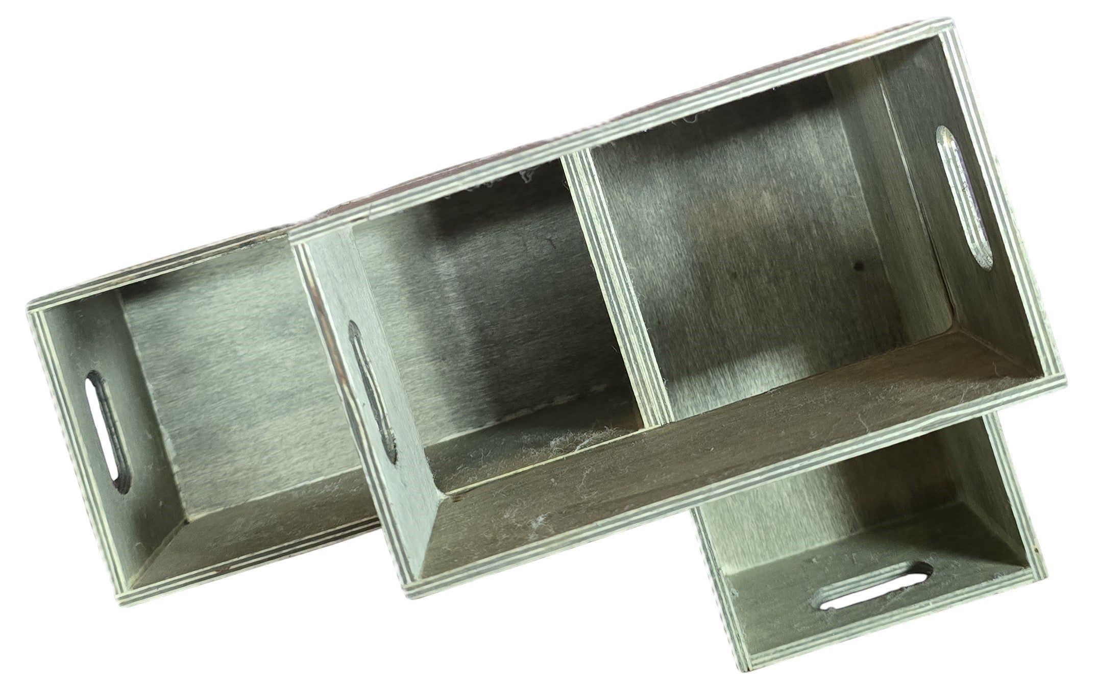 TK Wood Designs set of 3 rustic grey wooden storage crates with cut-out handles for organization.