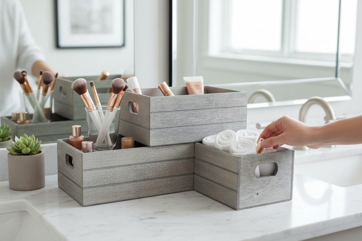 TK Wood Designs grey wooden crate storage organizers, set of 3, with cut-out handles, on a bathroom counter organizing makeup and towels.