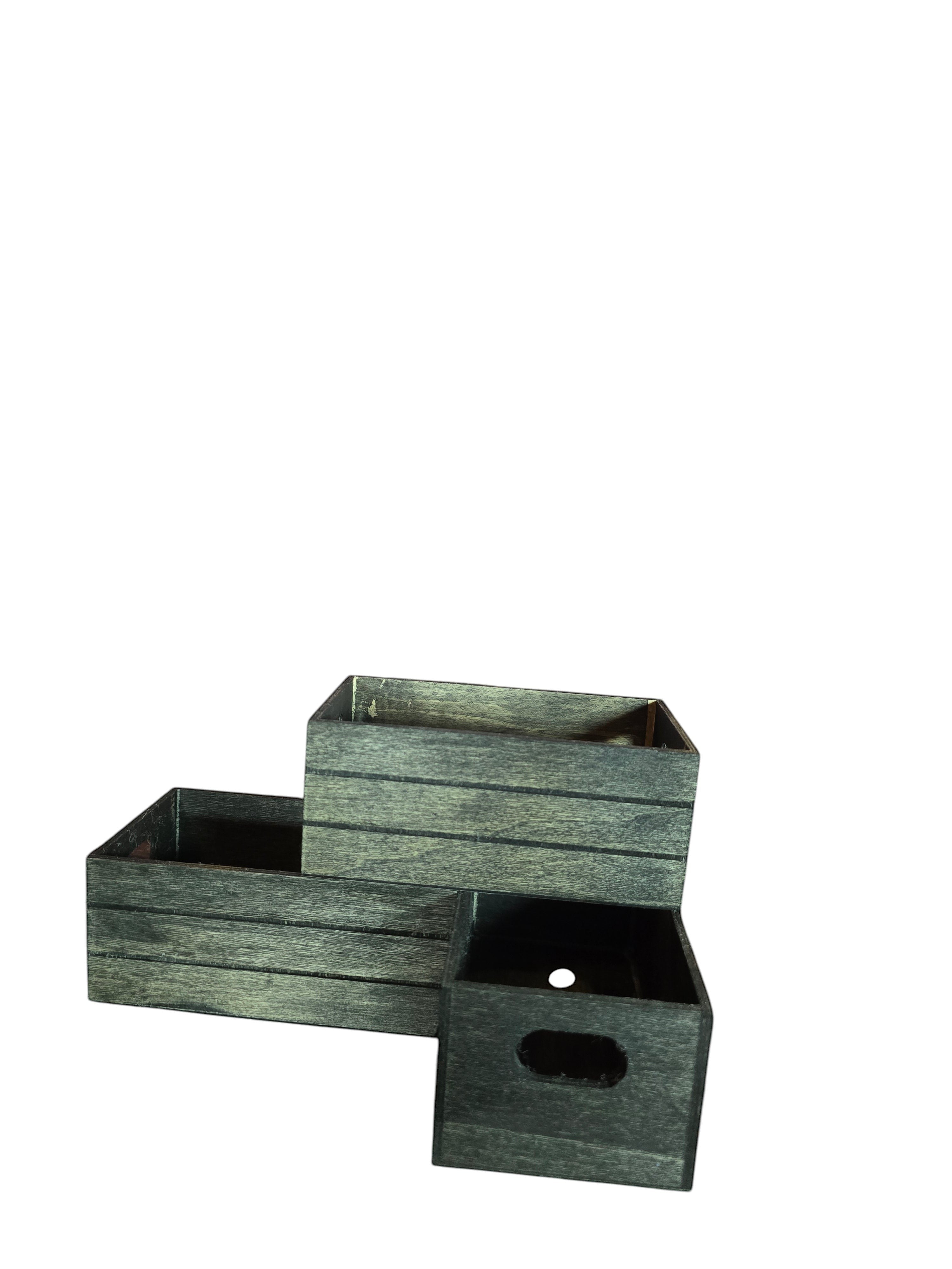 TK Wood Designs set of 3 rustic grey wooden crates with cut-out handles for storage and organization.