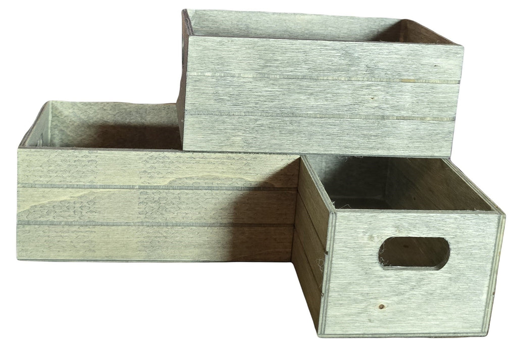 TK Wood Designs wooden crate storage organizer set in light grey, featuring cut-out handles and multiple sizes for versatile organization.