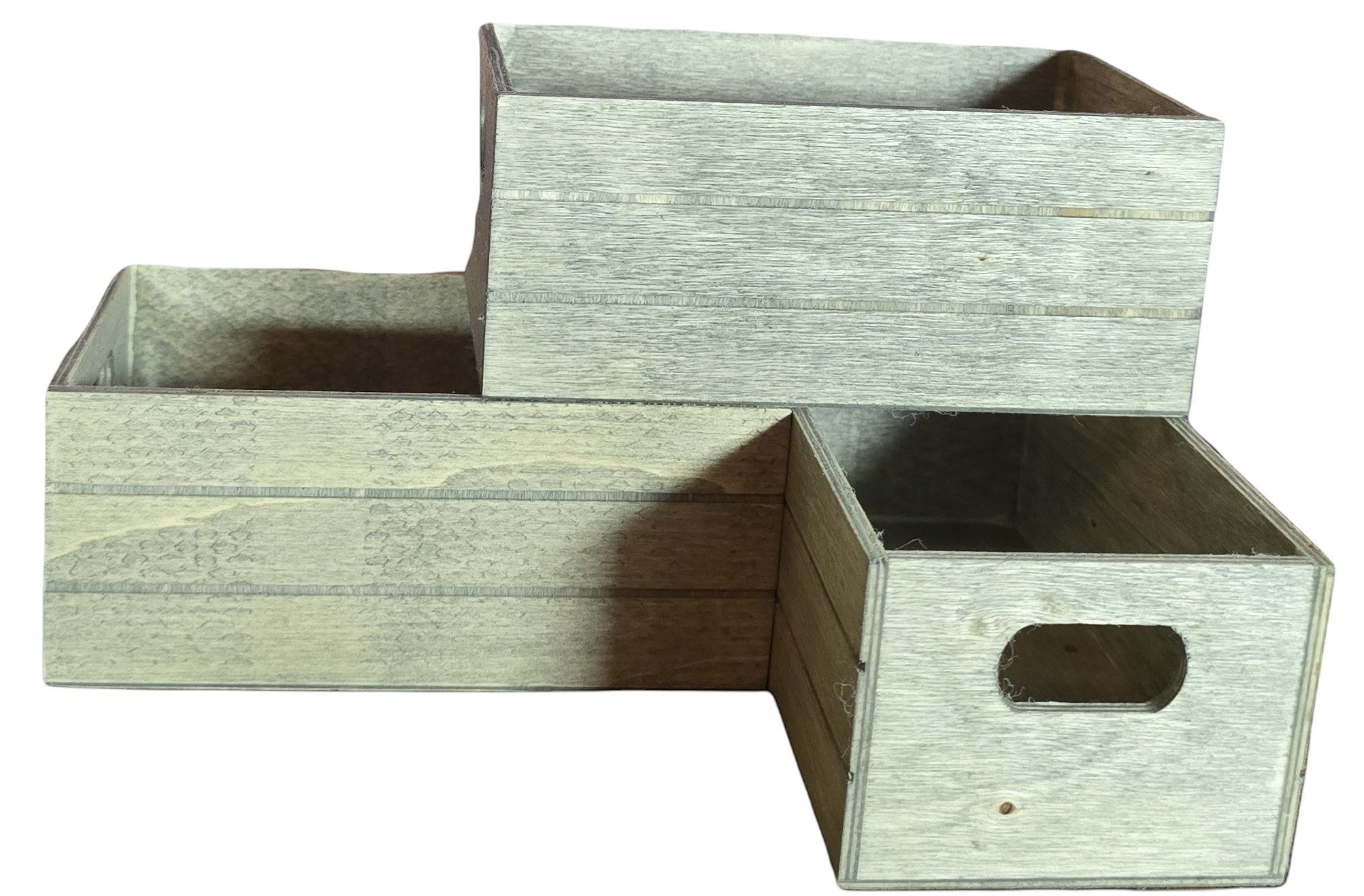 TK Wood Designs wooden crate storage organizer set in light grey, featuring cut-out handles and multiple sizes for versatile organization.