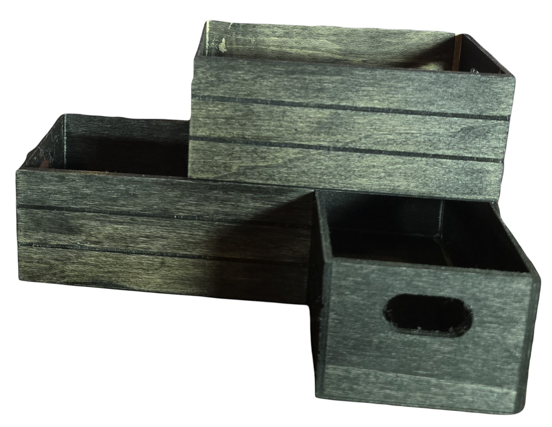 TK Wood Designs rustic grey wooden crate storage organizer set with cut-out handles. Multiple sizes for versatile organization.